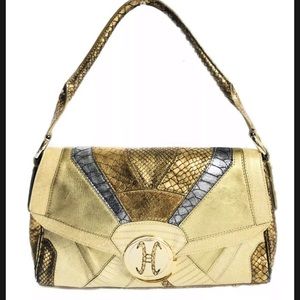 COLE HAAN Gold Bronze Snake Skin Textured One Strap Shoulder Handbag Sz S B4207